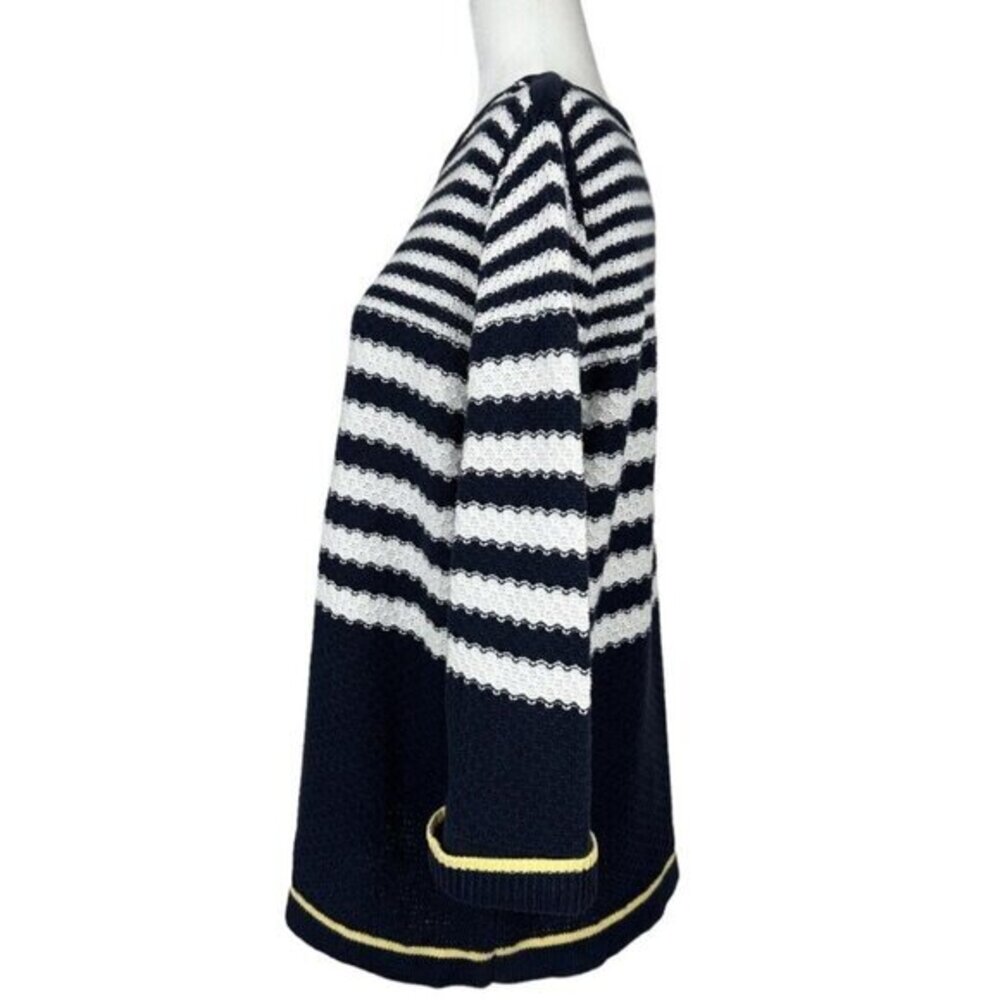 CJ Banks Womens 1X Navy Blue White Striped 100% Cotton 3/4 Sleeve Sweater Top - Picture 3 of 12